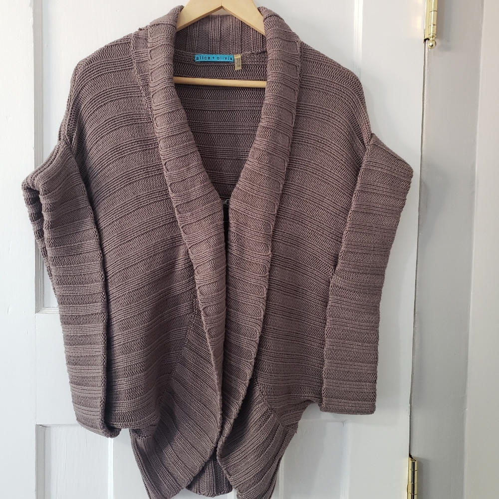 Alice+Olivia Wool Blend Chunky Knit Open Front Cardigan Taupe Sz S